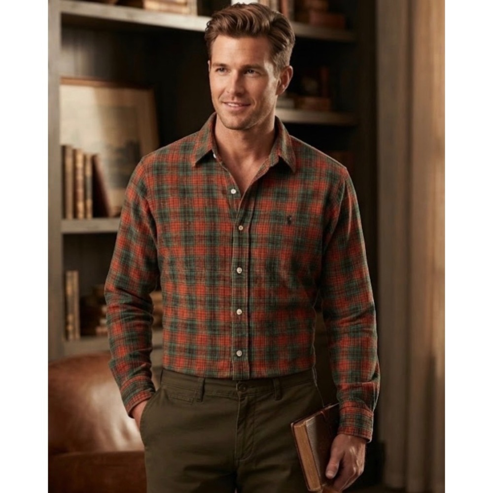 Ralph Lauren Sport Mens Large Plaid‎ Button Down Shirt Orange Green Cotton L/S